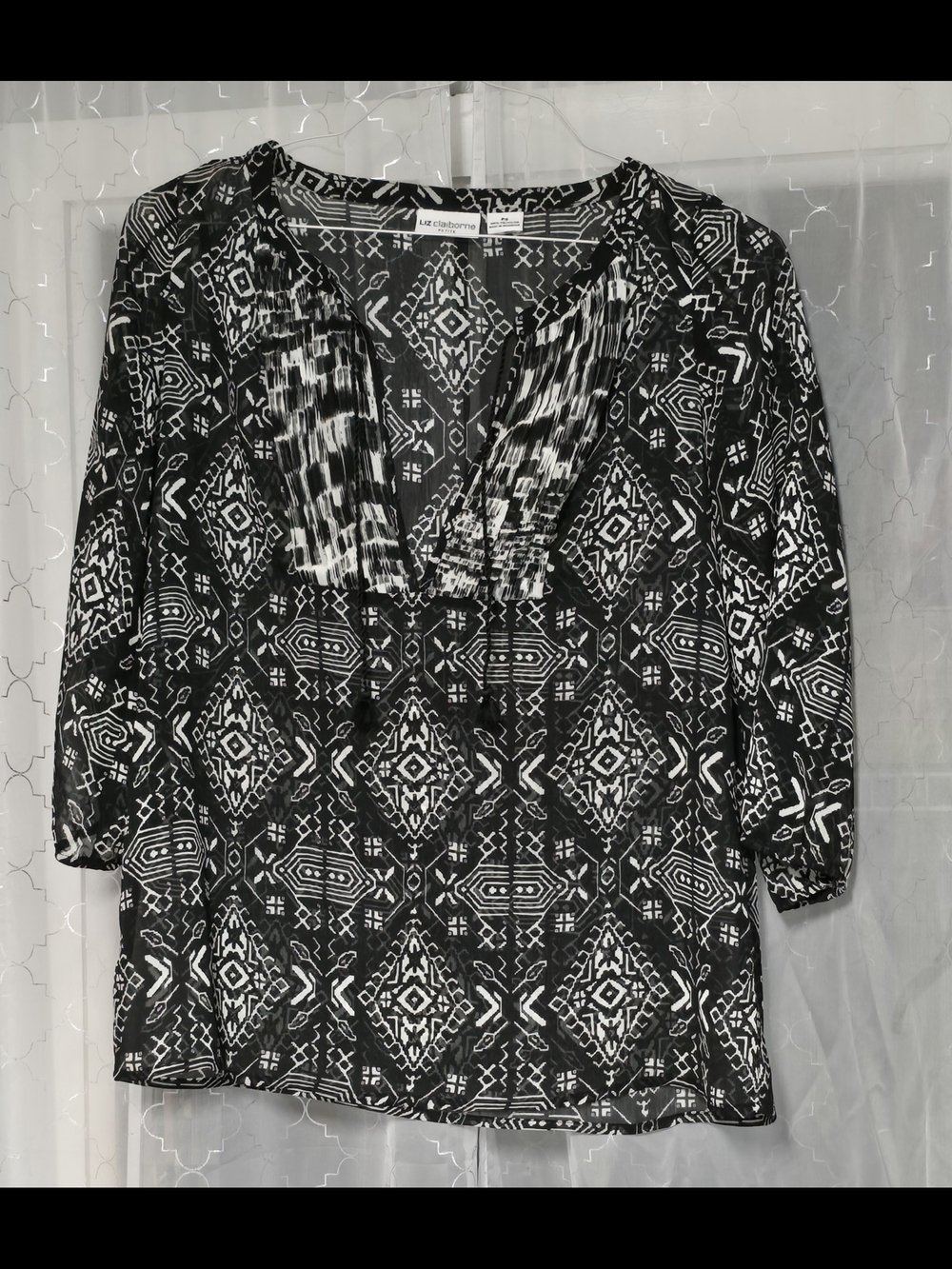 Croft & Barrow Black & White Printed Peasant Blouse